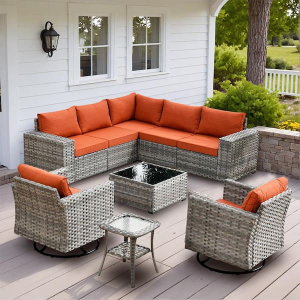 XIZZI Beatrice 9-Piece Wicker Patio Conversation Seating Sofa Set with Orange Red Cushions and Swivel Rocking Chairs