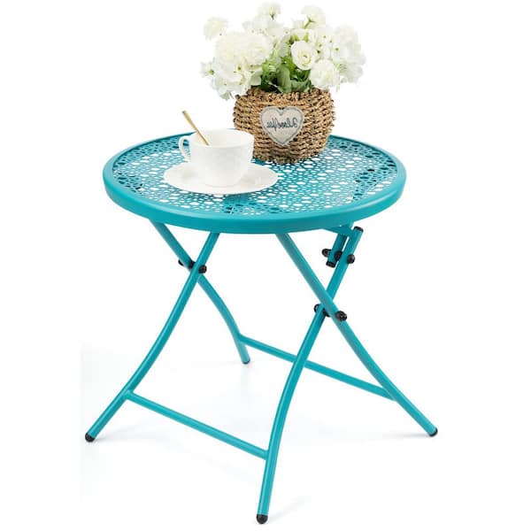 Unbranded Blue Round Steel Outdoor Side Table with Flower Cutouts