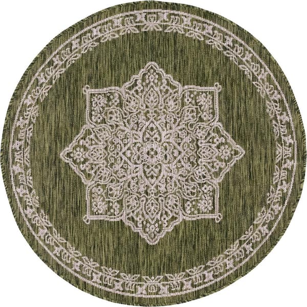 Unique Loom Green Antique Outdoor 4 ft. x 4 ft. Round Area Rug