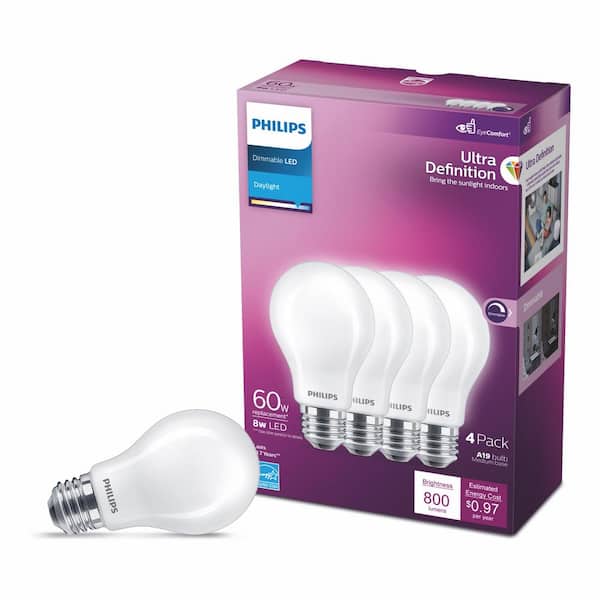 Philips 60-Watt Equivalent A19 Ultra Definition Dimmable E26 LED Light Bulb With EyeComfort Technology Daylight 5000K (4-Pack)