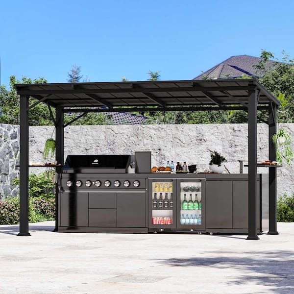 Ultra Series Hardtop Grill Gazebo 6 ft. x 12 ft. with Side Shelf, Outdoor Gazebo with Bottle Opener, Black
