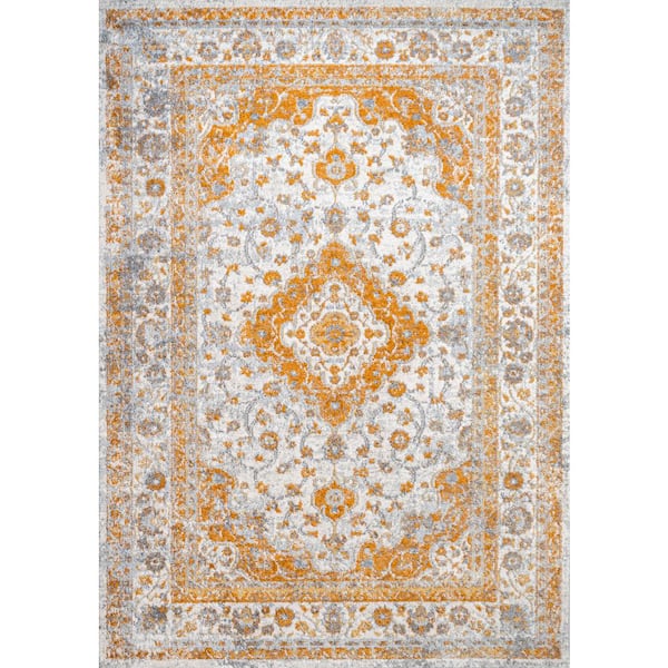Indhira Ornate Orange/Cream 5 ft. x 8 ft. Medallion Persian Area Rug