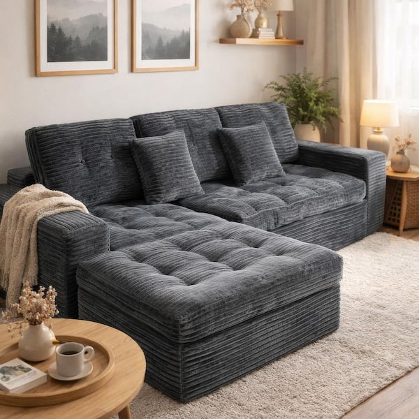 Aubrey 105 in. Square Arms 3-Piece Faux Rabbit Fur Fabric Modular Compressed Sectional Sofa in. Blue Gray with Ottoman