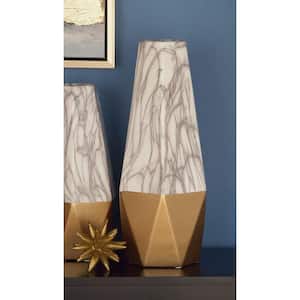 18 in. Gold Faux Marble Ceramic Decorative Vase with Gold Base