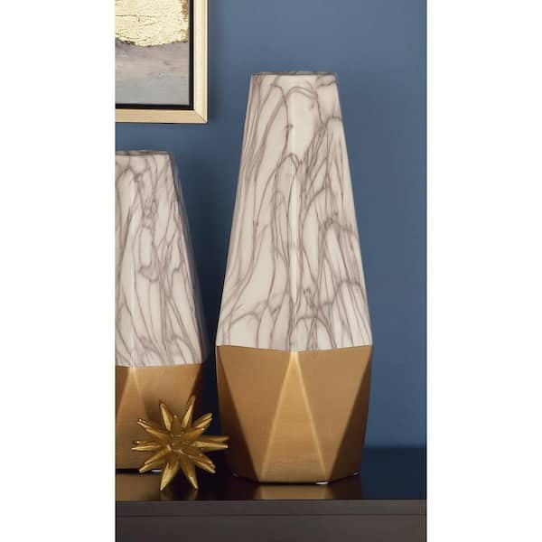 18 in. Gold Faux Marble Ceramic Decorative Vase with Gold Base