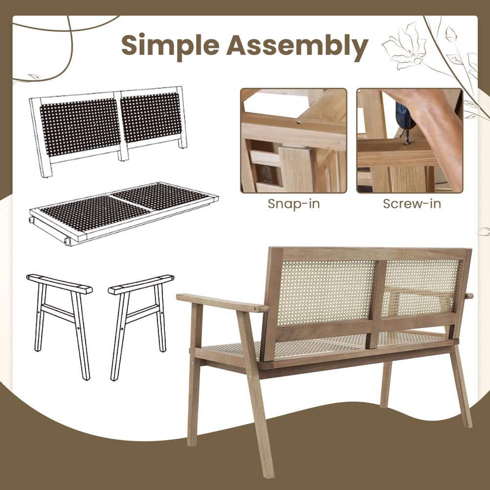 Natural Teak and Rattan 2-Person Outdoor Bench with Armrests