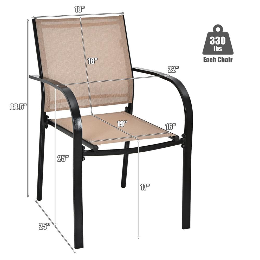 Black and Brown Steel Frame Patio Dining Armchairs, Set of 2