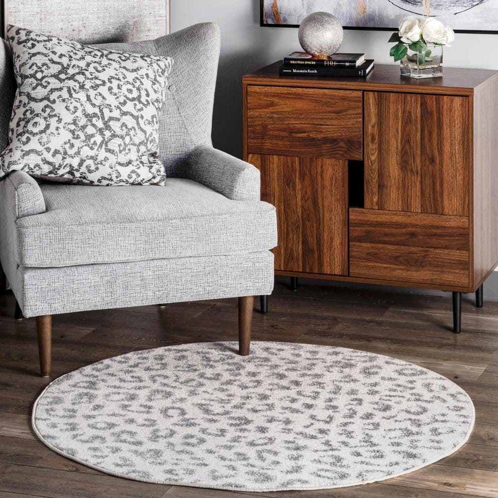 Gray and Off-White Round Tufted Oriental Area Rug