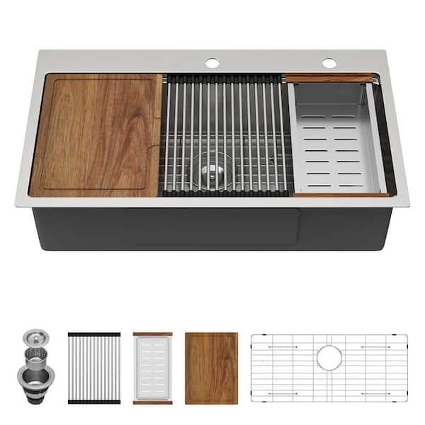 33 in. x 19 in. x 9 in. Single Bowl Drop-In 16-Gauge Stainless Steel Workstation Kitchen Sink with Accessories