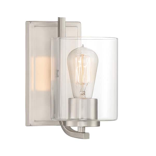 Designers Fountain Liam 5 in. 1-Light Satin Platinum Industrial Wall Sconce with Clear Glass Shade