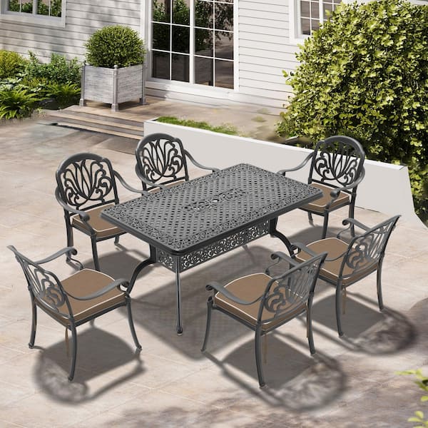 Willit Elizabeth 7-Piece Cast Aluminum Outdoor Dining Set with 59.06 in. x 35.43 in. Rectangular Table and Random Color Cushion