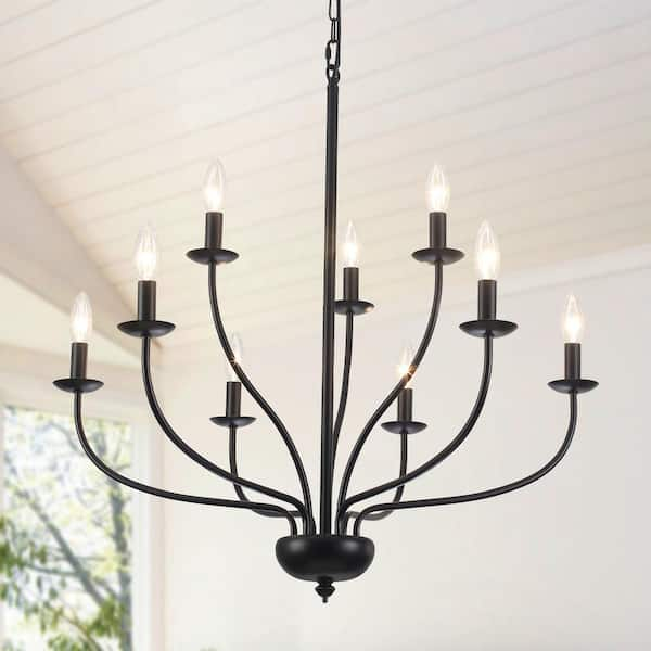 9-Light Transitional Black Candlestick Chandelier Modern Pendant Light for Dining Room