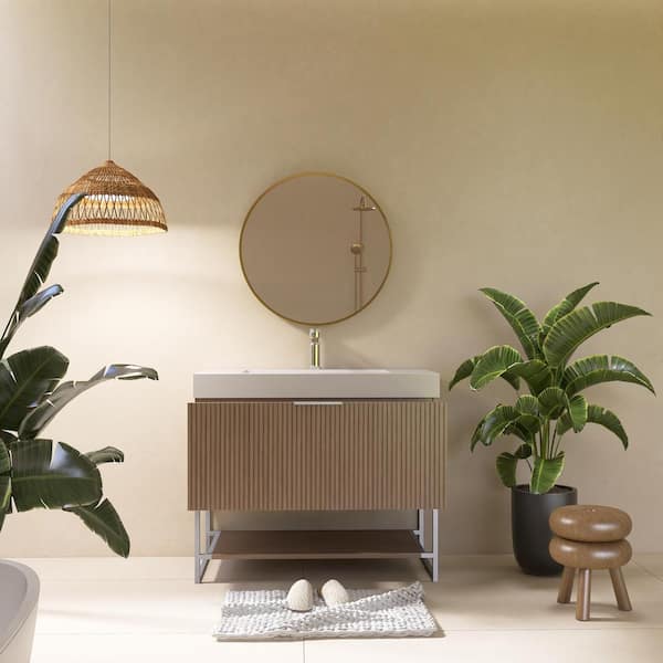 JimsMaison 36 in. W x 20 in. D x 33 in. H Single Sink Freestanding Bath Vanity in Brown Oak with White Acrylic Top