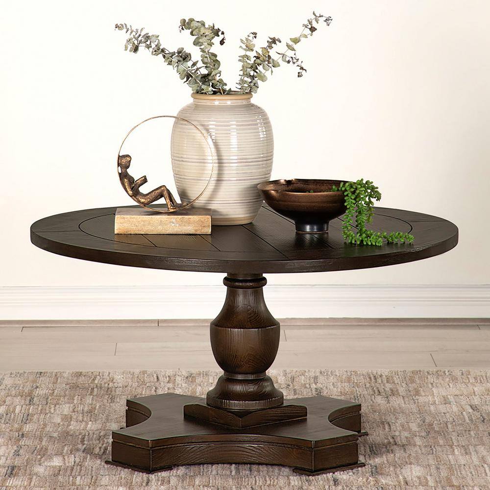 36" Brown Transitional Round Wood Coffee Table with Pedestal Base