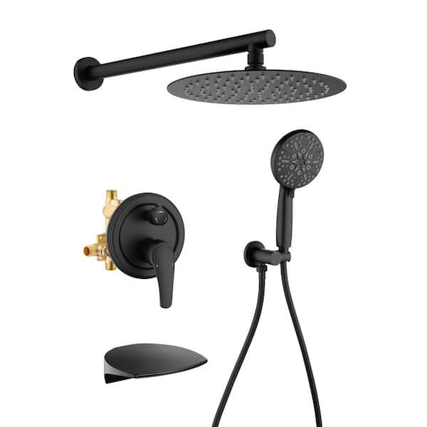 Rain Single Handle 7-Spray Tub Shower Faucet Handheld Combo with Valve 1.8 GPM 10 in. Adjustable Head in Black