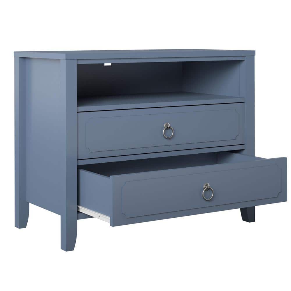 Blue 2-Drawer Nightstand with Open Cubby and Wood Legs