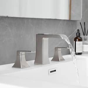 Modern 8 in. Widespread Double Handle Brass Bathroom Faucet with Pop Up Drain and Water Supply Hoses in Brushed Nickel