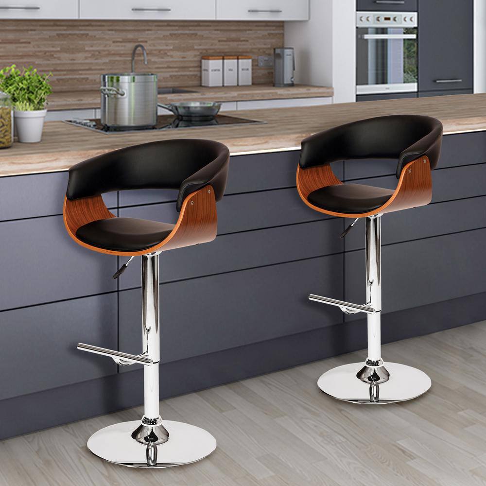 Contemporary Black Leather Adjustable Swivel Barstool with Walnut Accents