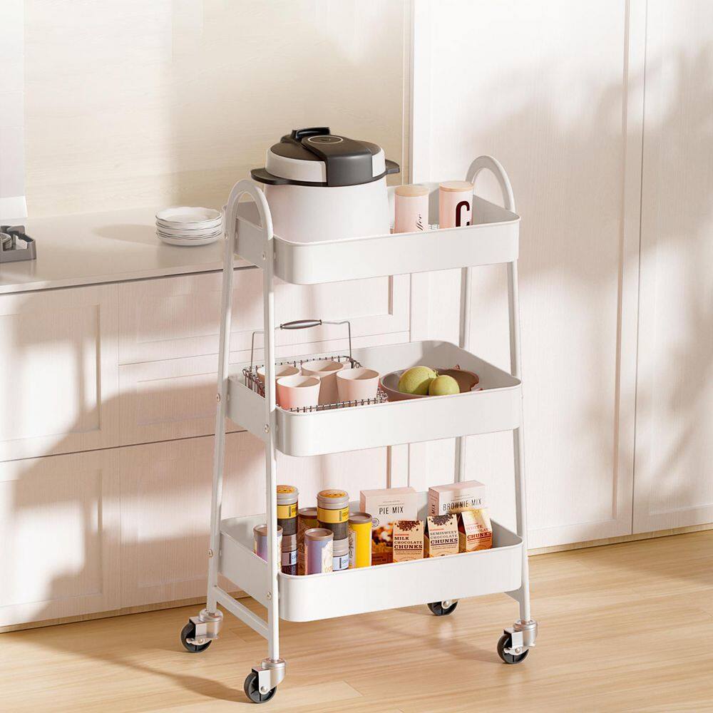3-Tier White Metal Rolling Cart, Utility Storage Organizer Kitchen Trolley for Bathroom, Laundry Room, Office price history on PriceWatchPro