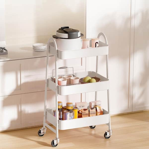 3-Tier White Metal Rolling Cart, Utility Storage Organizer Kitchen Trolley for Bathroom, Laundry Room, Office