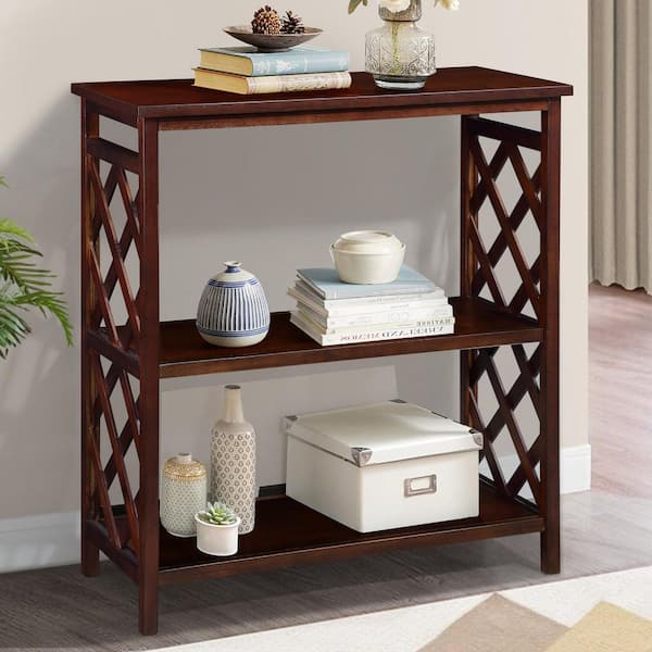 3-Tier Kitchen Pantry with Storage Shelves, Console Table, Open Bookshelf with Solid Wood Legs for Living Room, Cherry