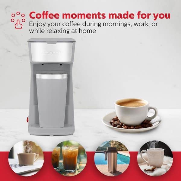 Holstein Housewares 14-oz Personal Coffee Maker w/ Travel Mug,Grey