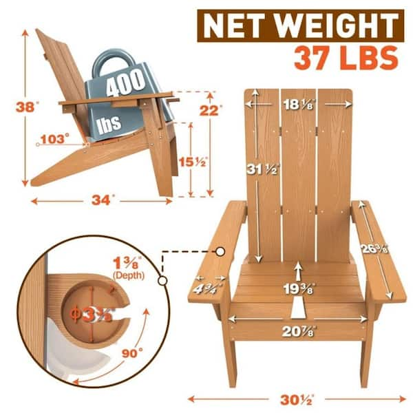 Teak Weather Resistant Plastic Outdoor Patio Adirondack Chair with Cup Holder (set of 4)