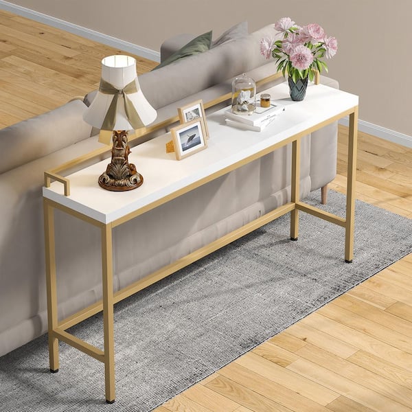 Benjamin 70.9'' Console Table Wood Vintage Gold White Sofa Table, Morden Industrial Narrow Skinny Hallway Metal