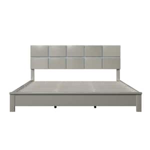 Champagne Silver Wood Frame King Size Platform Bed with Headboard, Platform Bed with Solid Rubber Wood Frame and Legs