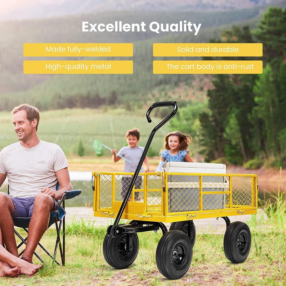 Yellow Heavy-Duty Steel Garden Wagon with Pneumatic Tires