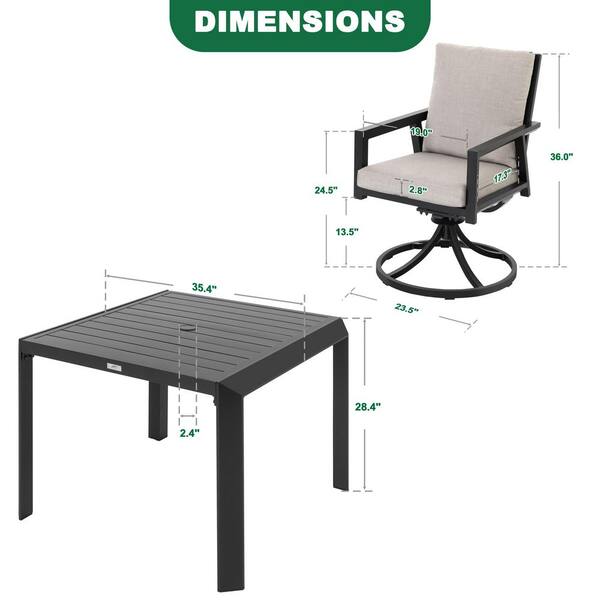 Black 5-Piece Aluminum Swivel Outdoor Dining Set with Gray Cushion