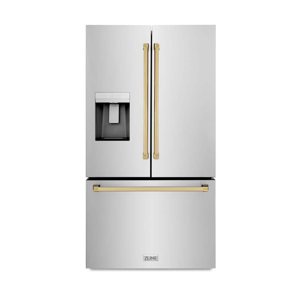 36 in. 3-Door French Door Refrigerator w/ Dual Ice Maker in Fingerprint Resistant Stainless & Polished Gold Handles
