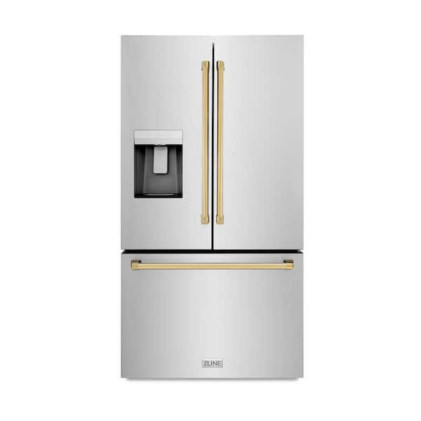 ZLINE Kitchen and Bath 36 in. 3-Door French Door Refrigerator w/ Dual Ice Maker in Fingerprint Resistant Stainless & Polished Gold Handles