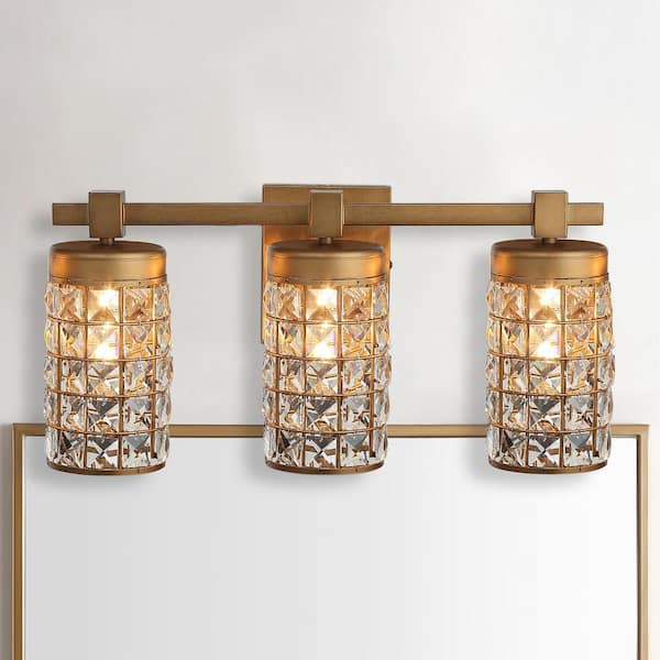 Modern Powder Room Bathroom Vanity Light, 20 in. 3-Light Gold Wall Sconce with Crystal Cylinder Shade
