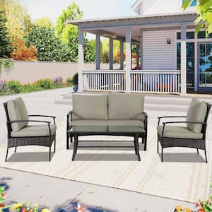 4 Pieces Brown Wicker Outdoor Patio Sectional Sofa Conversation Set with Khaki Cushions and 1 Coffee Table