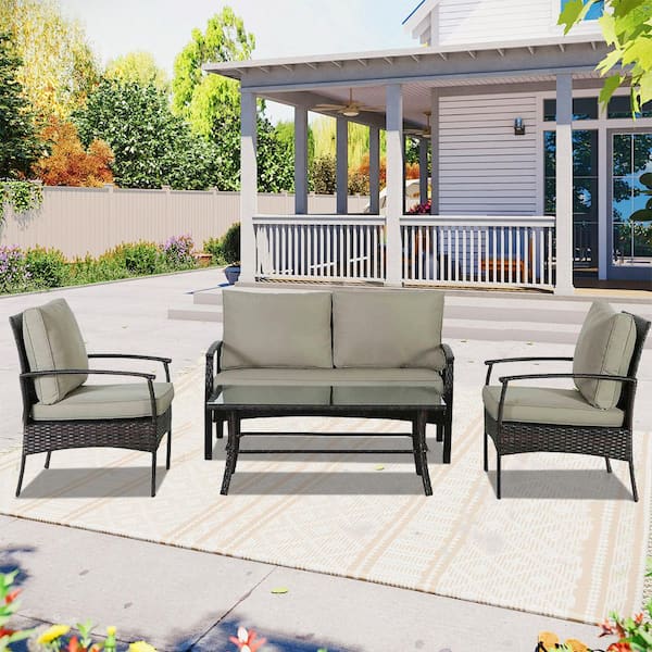 Zeus & Ruta 4 Pieces Brown Wicker Outdoor Patio Sectional Sofa Conversation Set with Khaki Cushions and 1 Coffee Table
