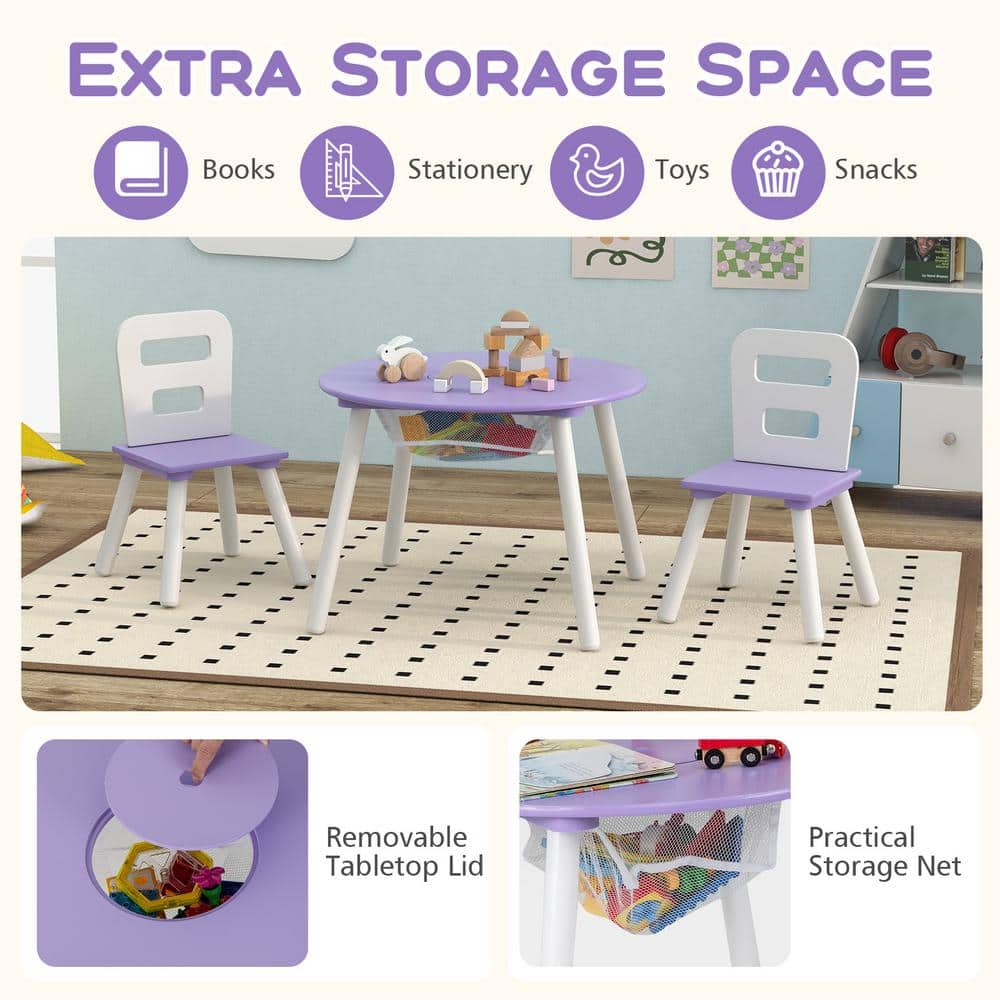 Purple Wooden Kids Table and Chair Set with Storage