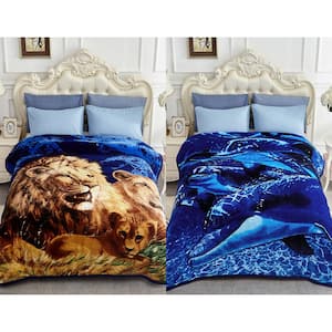 Lion Dolphin 83"x91" Reversible Printed Polyester Fleece Mink Warm Thick Winter Blanket