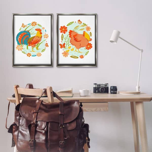 Rooster and Hen with Florals by Hannah Moren 2 Piece Gray Floater Frame Animal Graphic Art Print 31 in. x 21 in.