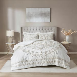 Juliana 3-Piece Ivory/Taupe King/Cal King Tufted Cotton Chenille Comforter Set