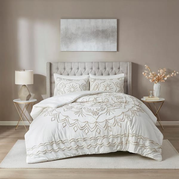Madison Park Juliana 3-Piece Ivory/Taupe King/Cal King Tufted Cotton Chenille Comforter Set