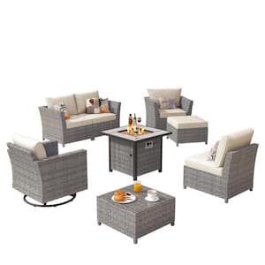 Bexley Gray 8-Piece Wicker Fire Pit Patio Conversation Seating Set with Fine-stripe Beige Cushions and Swivel Chairs