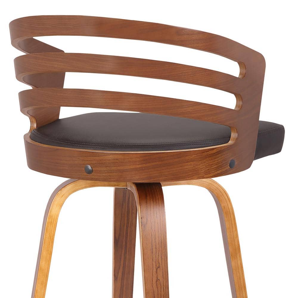 Mid-Century Walnut Swivel Stool with Brown Faux Leather