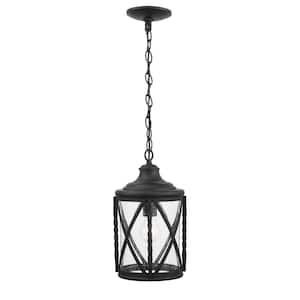 Walcott Manor 14.12 in. 1-Light Black Transitional Outdoor Hanging Light Pendant Light with Clear Seeded Glass