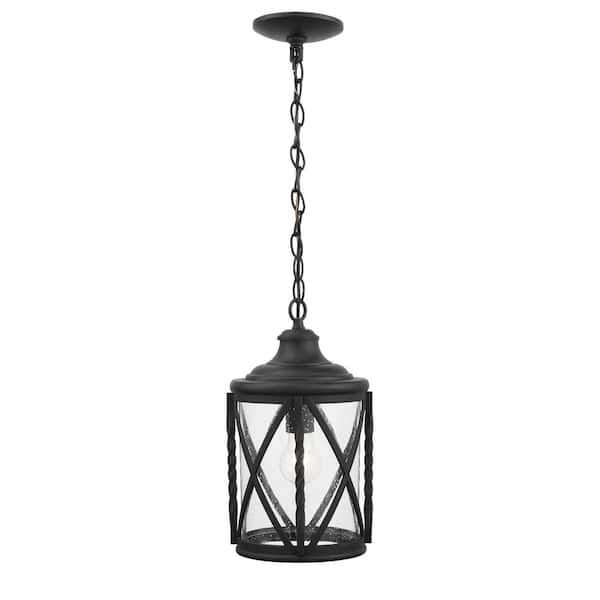 Home Decorators Collection Walcott Manor 14.12 in. 1-Light Black Outdoor Transitional Pendant Light with Clear Seeded Glass