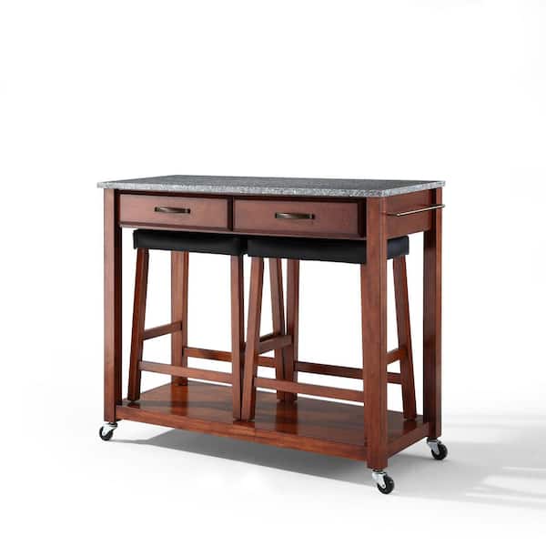 CROSLEY FURNITURE Cherry Kitchen Cart with Granite Top and Stools