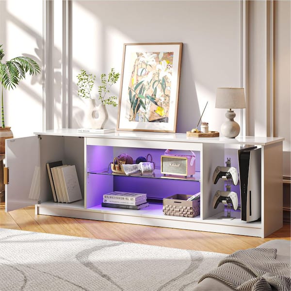 Bestier 57 in. Glossy White Fluted TV Stand Fits TV Up to 65 in. Entertainment Center