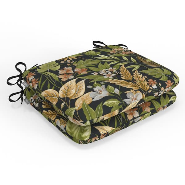Pillow Perfect Tropic Floral 18.5 in W x 3 in H Square Outdoor Chair Seat Pad with Ties 2-Count in Black Carena Ebony