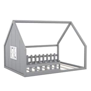 Gray Full Size Wood House Kids Bed with Window and Fence
