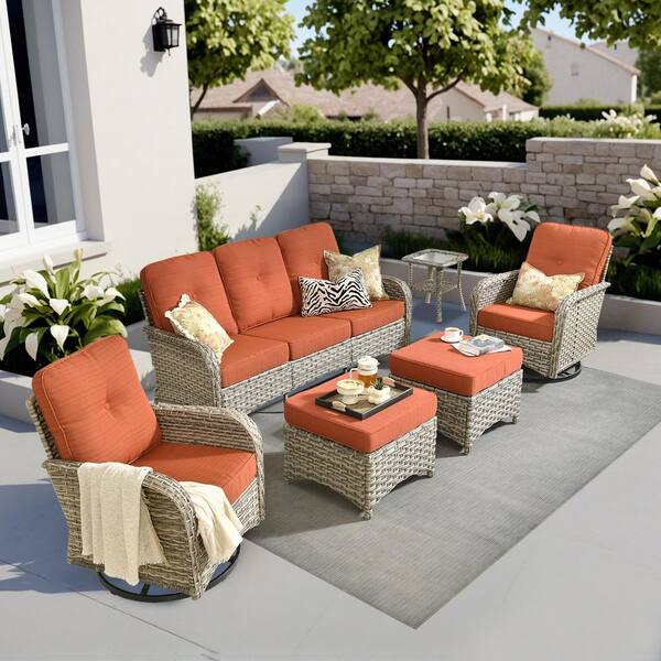 Beverly Gray 6-Piece Wicker Patio Conversation Sofa Swivel Chairs Set with Ottomans and Orange Red Cushions